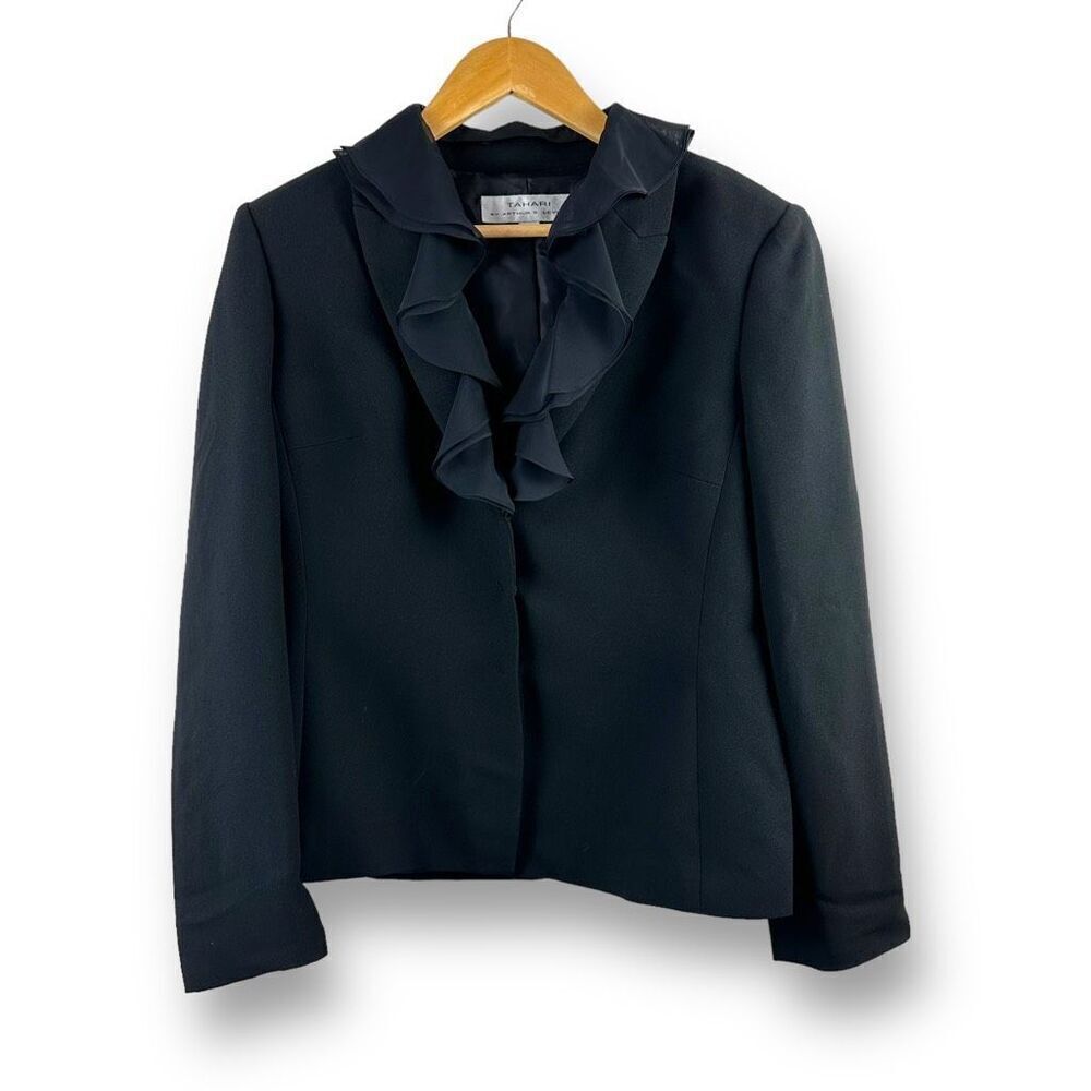 Tahari Black Removable Ruffled collar Lined Jacket‎ Size 10